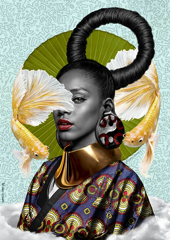 Femme africaine avec des poissons asiatiques portant un kimono fait de pagnes africains realisees par l'artiste visuelle africaine Mba Verlaine