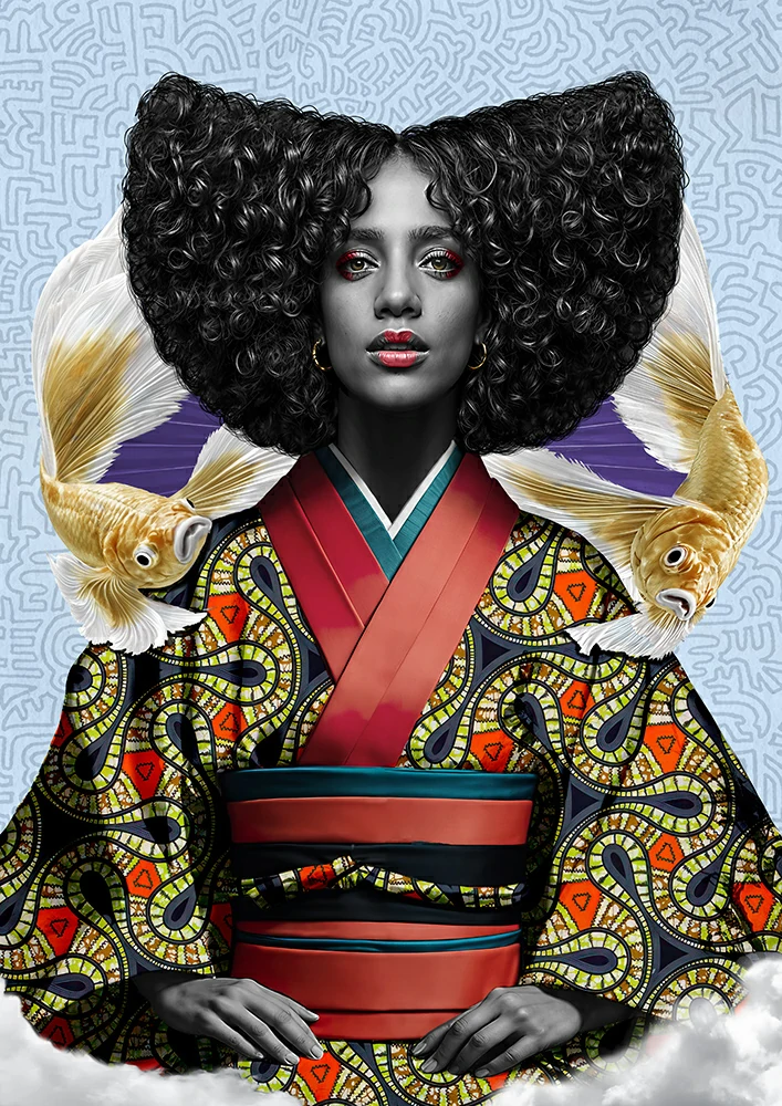 une femme africaine dans un kimono qui a une coiffure originale par l artiste visuelle camerounaise Mba Verlaine