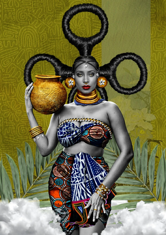 femme africaine ayant un vase en or et portant des tissus bamileke camerounais avec une coiffure originale réalisé par l' artiste Mba Verlaine. african artist.