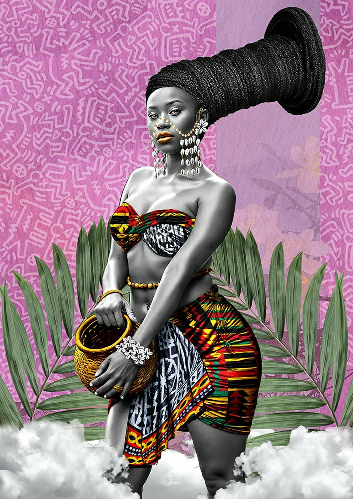 femme africaine ayant un vase en or. portant des tissus bamileke camerounais l'artiste visuelle camerounaise Mba Verlaine. african artist.