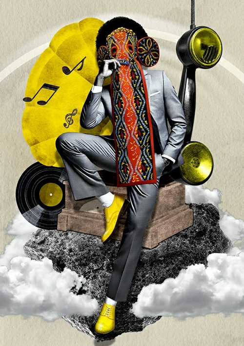 un homme moderne design pop jaune avec un masque africain bamileke qui est assis. african artist. artiste.