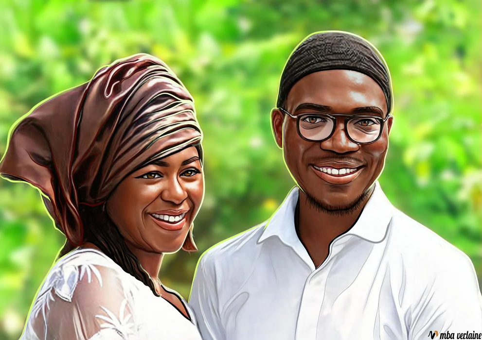 Il s'agit du portrait d'un couple africain aux yeux bruns, debout dans leur jardin, le sourire aux lèvres. L'homme porte une chemise blanche, un chapeau africain noir et des lunettes ; la femme porte une robe blanche et un foulard marron. Portrait dessiné par l'artiste visuelle camerounaise Mba Verlaine...