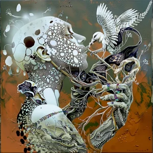 blanc de Mohamed Mounir Ngoupayou représentant un homme avec un oiseau et des vignes sur un fond orange et gris. Art NFT