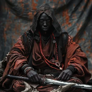 Samourai Œuvre de l'artiste camerounais Sam Franklin Waguia représentant un homme vêtu d'un costume afro-asiatique, tenant une épée, sur un fond rouge et gris.