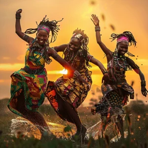 Danceuses Œuvre de l'artiste camerounais Simon Brice Moussi, représentant 3 danseuses vêtues de tenues traditionnelles, sur un fond ensoleillé.