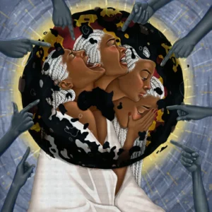 This painting represents the place of women in the world. A world dominated by men who dictate their behavior. In Africa in particular, women are at the center of the family, bearing all the burdens of the couple. They have to bear and channel their emotions to make their families prosper. Work by Cameroonian visual artist Mba Verlaine.