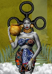 African woman holding a gold vase and wearing Cameroon bamileke fabrics with an original hairstyle by artist Mba Verlaine