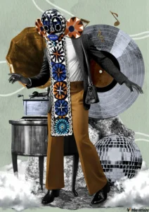 It is a collage made up of an African man standing in front of musical instruments. He is wearing a white shirt, a black jacket and brown suit pants. He wears a traditional African mask called "Bamiléké Elephant Mask" on his head, a black handbag and black shoes. It is placed in an abstract decor made of "clouds that reflect the dream. Collage by Cameroonian visual artist Mba NFT art