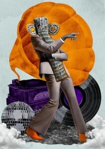 un homme moderne au design pop orange avec un masque africain bamileke qui danse NFT art