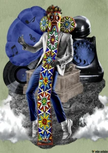 Il s'agit d'un collage composé d'un homme africain debout devant des instruments de musique. Il porte une veste grise et un pantalon de costume bleu. Il porte un masque africain traditionnel appelé « masque d'éléphant Bamiléké » sur la tête, des chaussettes blanches et des chaussures grises. Le tout est placé dans un décor abstrait de nuages qui reflète le rêve. Collage de l'artiste visuel camerounais Mba Verlaine. NFT art