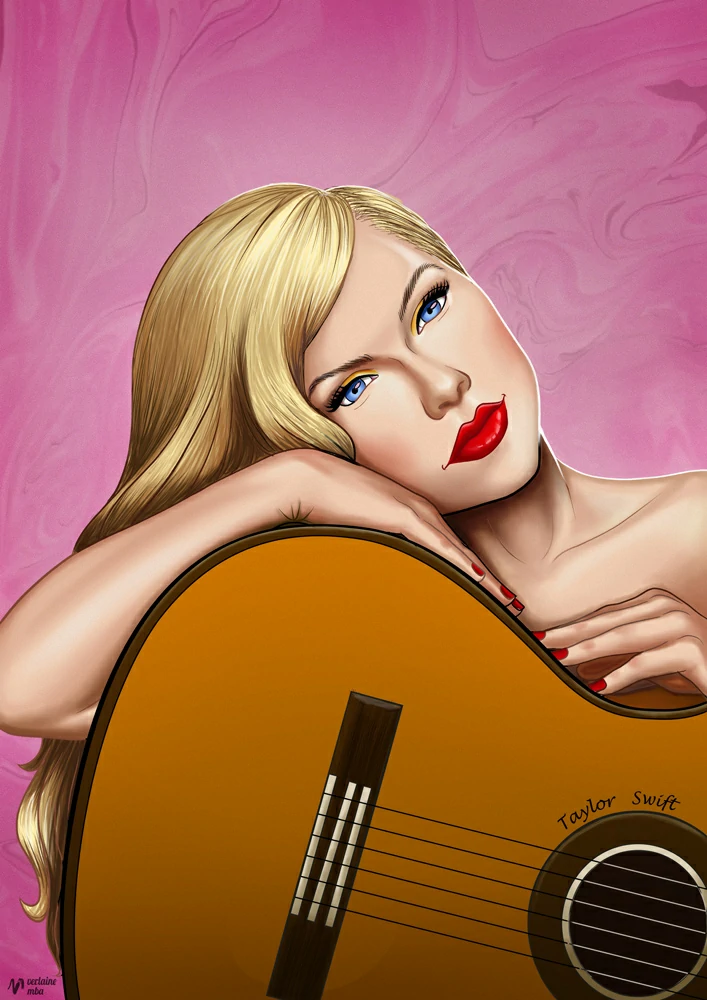 Dessin d'une femme blanche aux yeux bleus, l'artiste chanteuse Taylor Swift. Adossée sur sa guitare avec un air serein, elle pose sur un fond rose. Dessin réalisé par l'artiste visuelle camerounaise Mba Verlaine.