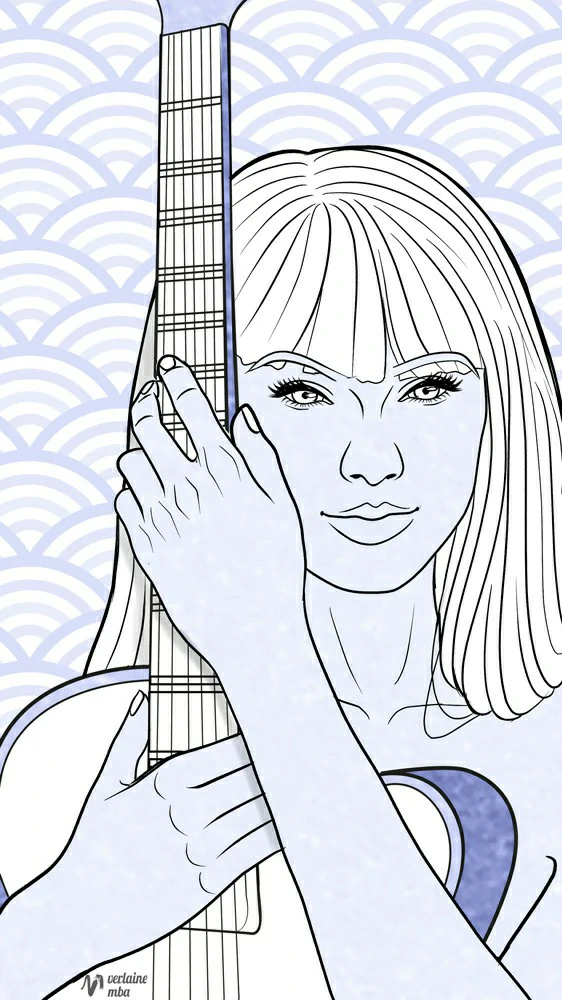 Dessin de l'artiste chanteuse Taylor Swift, au regard vif. Elle tient sa guitare dans ses bras. Elle pose sur un fond violet et blanc. Dessin réalisé par l'artiste visuelle camerounaise Mba Verlaine.