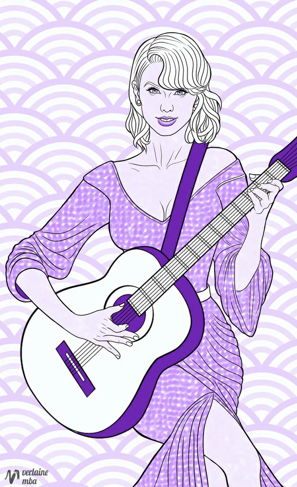 Dessin de l'artiste chanteuse Taylor Swift, qui joue à la guitare, avec un air heureux. Elle est vêtu d'une robe violet et elle pose sur un fond violet et blanc. Dessin réalisé par l'artiste visuelle camerounaise Mba Verlaine.