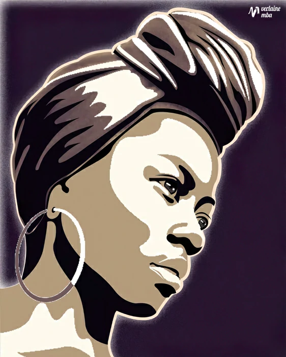 3; portrait abstrait d'une femme africaine, portant un foulard sur la tête et des boucles sous forme de cerceau sur un fond gris. Elle a un air serein.