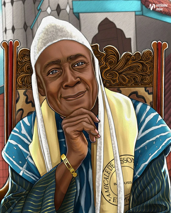 Portrait dessiné d'un papa africain assis sur une chaise traditionnelle. Il est vêtu d'une tenue et d'un chapeau traditionnels bamilékés.