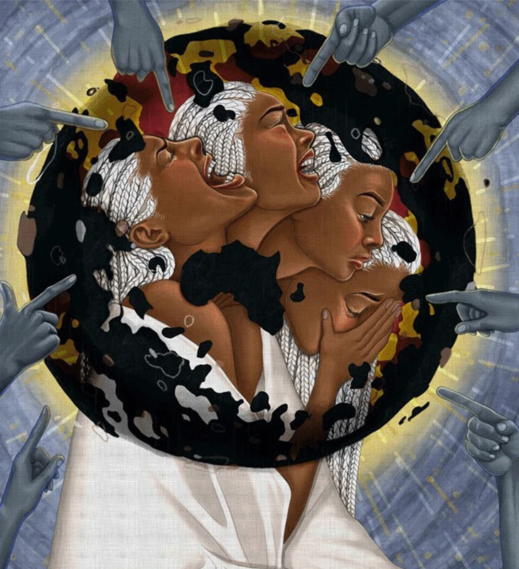 Ce tableau représente la place des femmes dans le monde. Un monde dominé par les hommes qui leur dictent leur conduite. En Afrique notamment, elles sont au centre de la famille et portent toutes les charges du couple. Elles doivent supporter et canaliser leurs émotions pour faire prospérer leur famille. Peinture de l'artiste visuel camerounais Mba Verlaine. Commander
