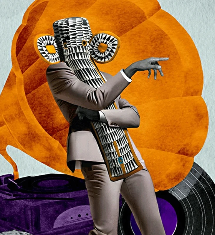 un homme moderne design pop orange avec un masque africain bamileke qui danse. Commander