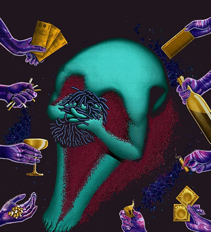 C'est l'image d'un homme accroupi en pleine réflexion, perturbé par les soucis de la vie. Mais en société, son entourage ne lui offre que des solutions éphémères comme l'argent, l'alcool, la drogue et le sexe. Peinture de l'artiste plasticien camerounais Mba Verlaine. Commander